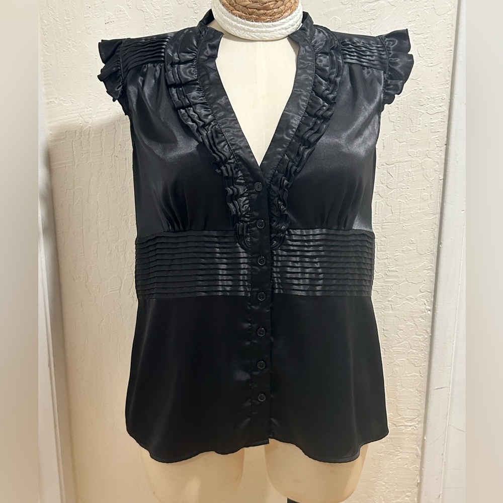 torrid Black Satin Ruffle Pintuck Button-Front Blouse